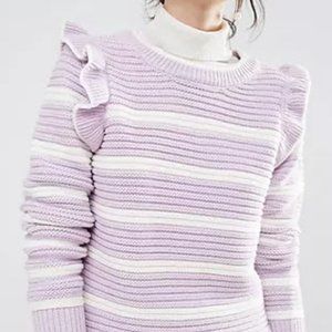 Ribbed Stripe Sweater With Shoulder Ruffles